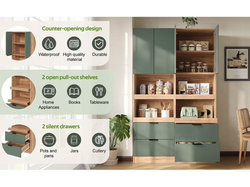  Buffet haut de cuisine vert en mdf, 2 portes, 2 tiroirs et 2 étagères ouvertes, rangement multifonction  - Conforama E