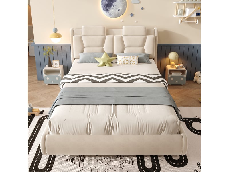  Lit enfant voiture 140x200 cm, lit 2 places tête de lit réglable, bois, velours couleur beige sans matelas  - Conforama D