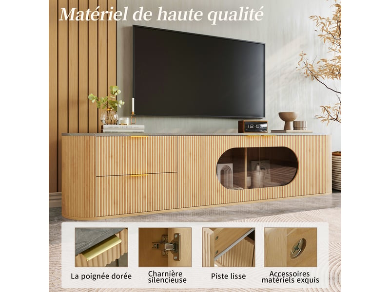  Meuble tv moderne aspect bois 172 cm - portes 3d vitrine ovale en verre gris - rangement multi-zones  - Conforama R