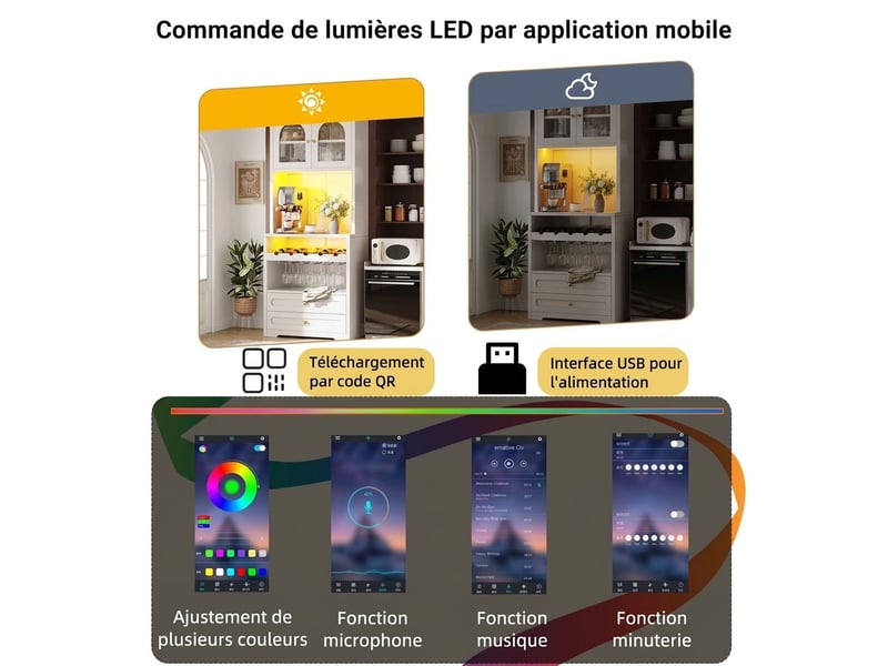  Vaisselier haut 180 cm avec vitrine en verre cintré et éclairage led intelligent connecté – meuble bar avec porte-bouteilles, étagères réglables et port usb pour salon et salle à manger – blanc  - Conforama D