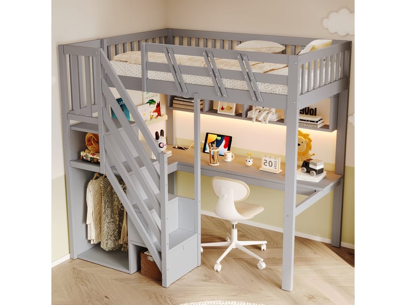  Lit mezzanine enfant 90x200 cm avec bureau, rangements, led et usb, gris, sans matelas  - Conforama B