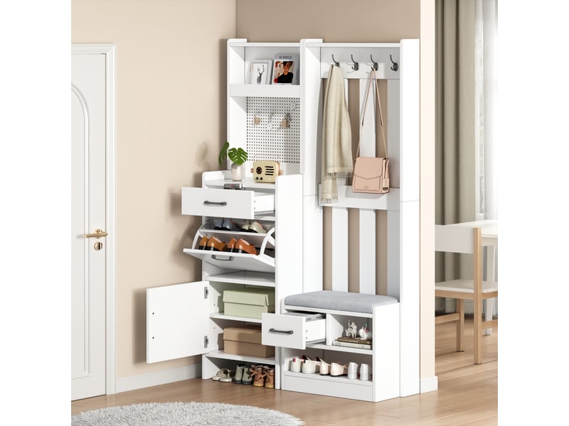  Meuble d’entrée 7 en 1 blanc, vestiaire avec banc rembourré, 7 patères et rangement chaussures, 110 x 35 x 175,5 cm  - Conforama B