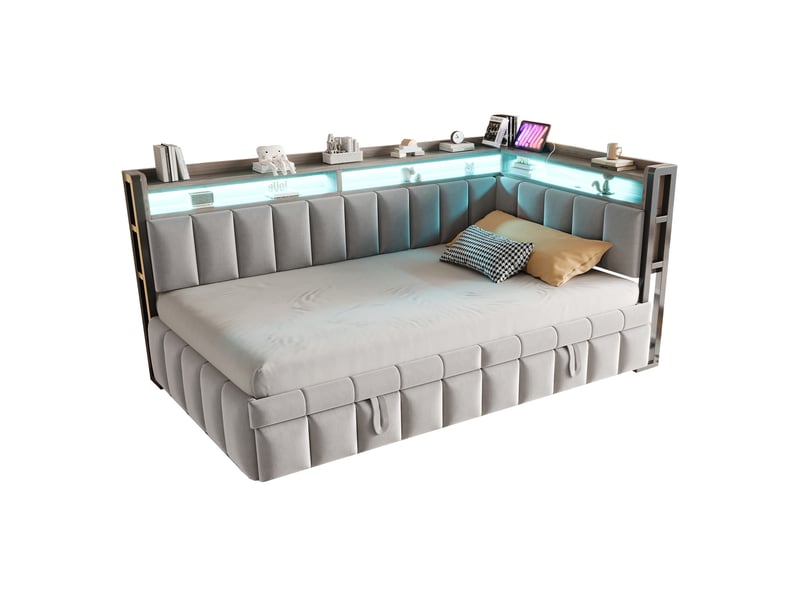 Lit gigogne 90x200 cm en velours gris clair avec led et usb - Conforama A