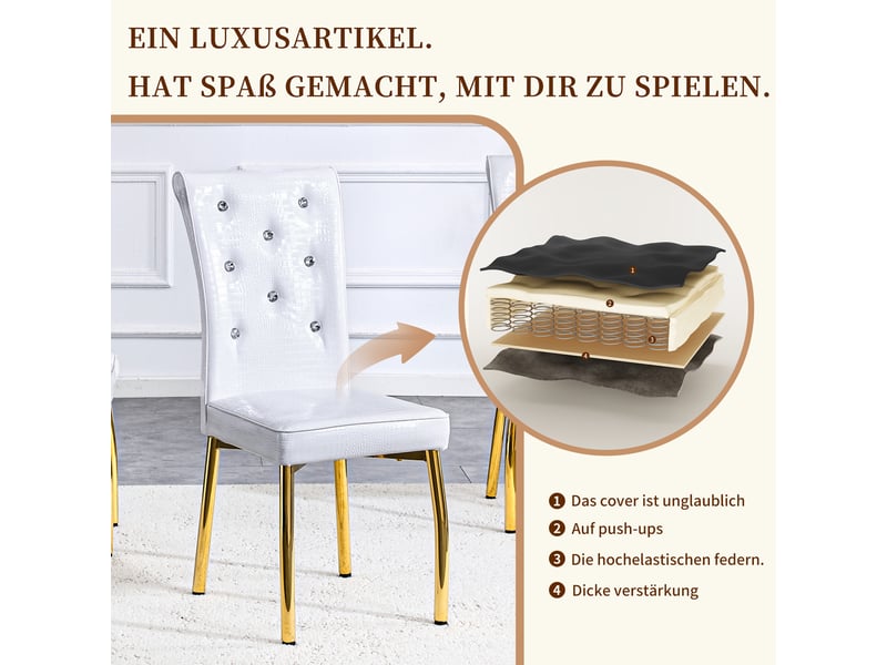  Lot de 4 chaises de salle à manger,avec dossier haut,pvc et métal doré,blanc  - Conforama D