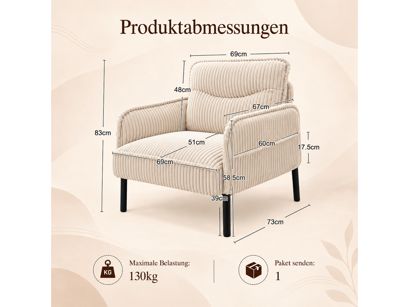 Fauteuil de salon - fauteuil 1 place en velours tricoté avec accoudoirs et poches latérales, petit fauteuil rembourré, beige - Conforama W