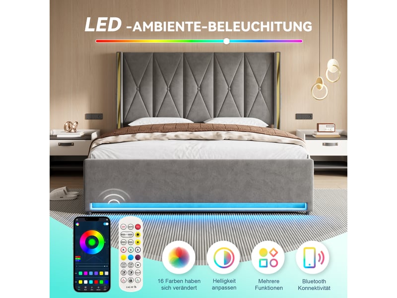  Lit coffre double 180×200 cm avec usb, type-c et led réglable - okmyhome- velours gris foncé, sans matelas  - Conforama E