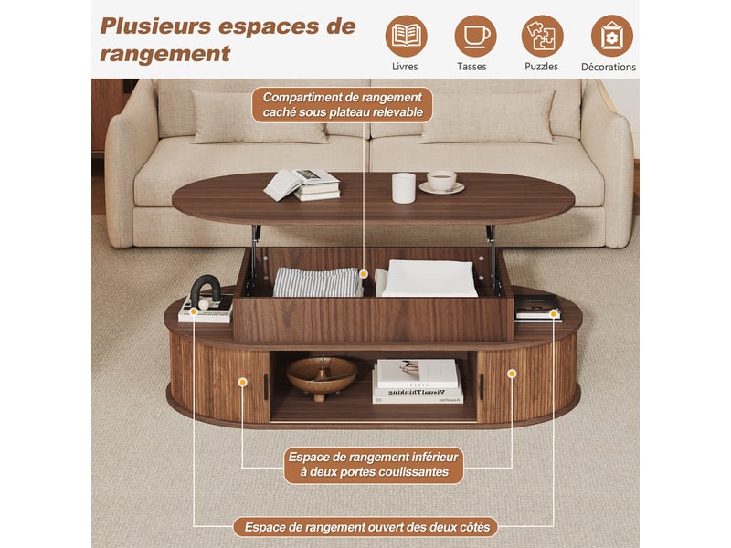  Table basse relevable, hauteur reglable jusqu a 55 cm, finition effet noyer, ovale, avec coffre de rangement et portes coulissantes.  - Conforama R