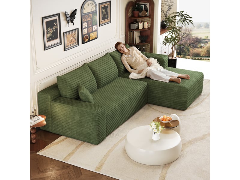  Canapé d’angle vert en velours côtelé, canapé 3 places en l de 241 cm avec méridienne, mousse haute élasticité, salon  - Conforama R