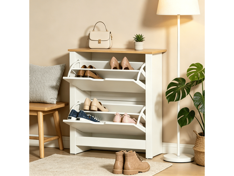  Meuble à chaussures,72x26x80 cm,2 portes rabattables,blanc et effet chêne  - Conforama B