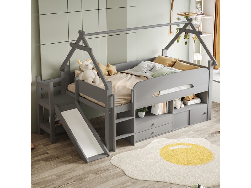  Lit surélevé 90x200 cm, avec toboggan et rangements, en bois, gris, sans matelas  - Conforama B