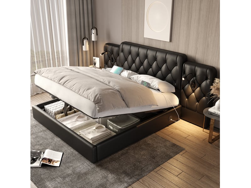  Lit coffre 160x200 cm noir en pu avec lampes de lecture et ports usb  - Conforama B