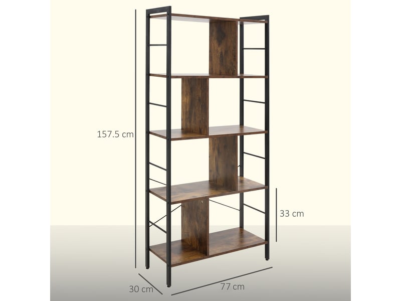  Étagère à livres étroite autoportante à 5 niveaux, idéale pour un bureau ou un salon, 77 x 30 x 157,5 cm, marron rustique  - Conforama E