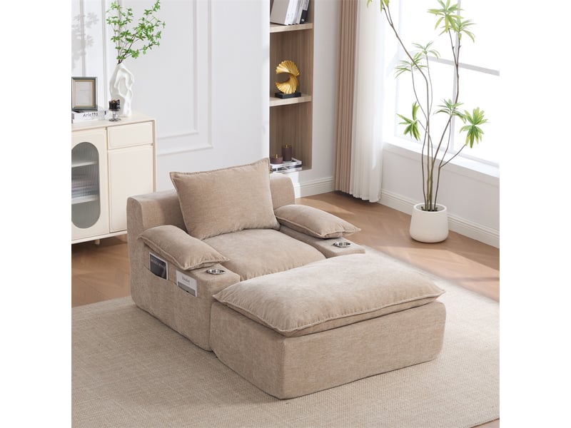  Fauteuil relax avec pouf - 113x93x81cm - chaise longue sous vide sans montage chenille porte gobelet salon - kaki clair  - Conforama D
