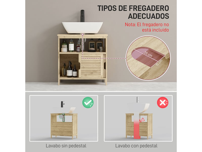  Meuble sous lavabo 60 cm en bambou, portes coulissantes à lames, 60 x 30 x 60 cm  - Conforama R