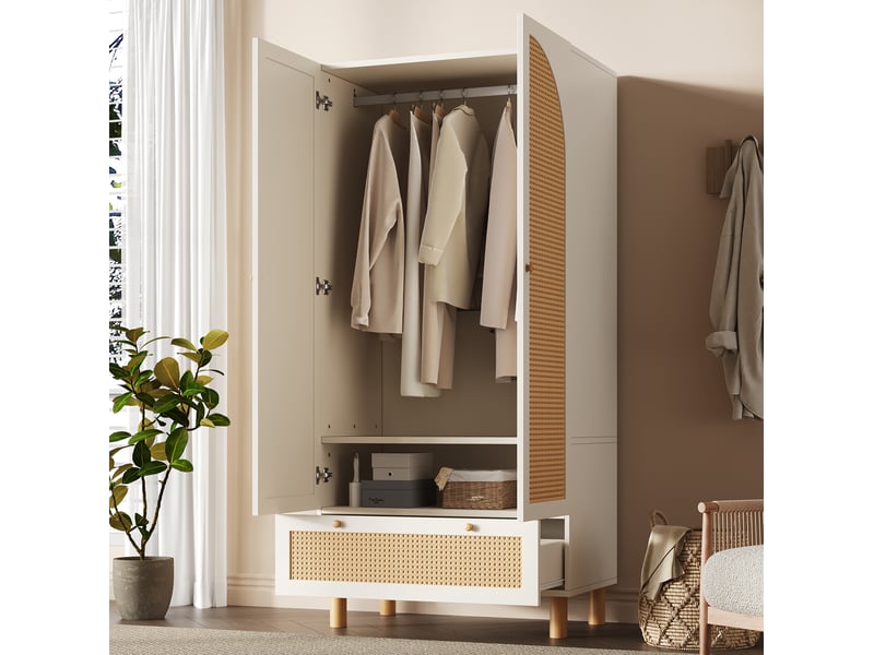  Armoire 2 portes avec tiroir, étagères réglables et penderie, blanche 180,5 cm  - Conforama B