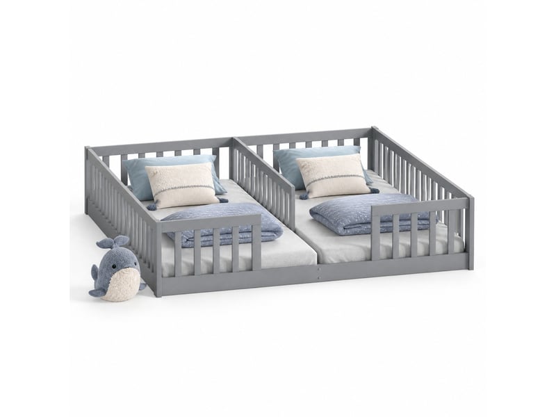  Lit enfant bas 2 places 90×200 cm, barrières de sécurité  - sans matelas, pin et mdf gris  - Conforama A