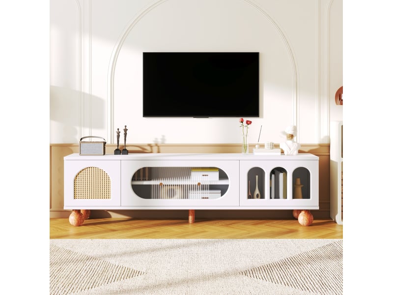  Meuble tv modenvie 170 x 37 x 47 cm portes effet rotin et verre blanc et bois  - Conforama E