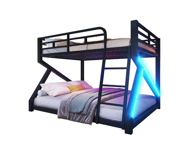  Lit superposé 140x200 et 160x200 cm avec éclairage led, échelle et barrières de sécurité, structure en métal, pour chambre d’enfant - noir  - Conforama A