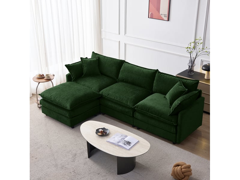  Canapé d'angle ulevr modulable 3 places avec pouf mobile, chenille vert, 267 x 154 x 85 cm  - Conforama E