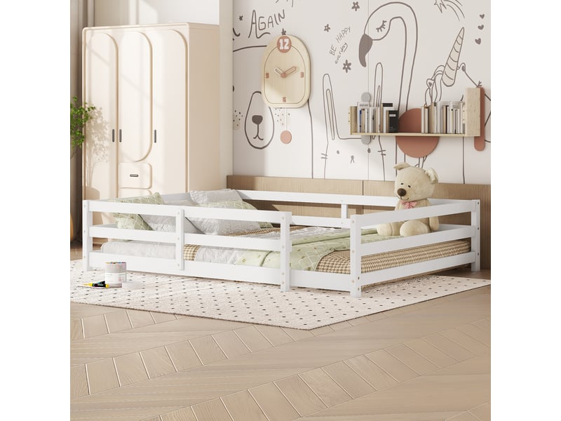  Lit montessori 140x200 au sol enfant avec barrière 4 côtés bois massif blanc  - Conforama R