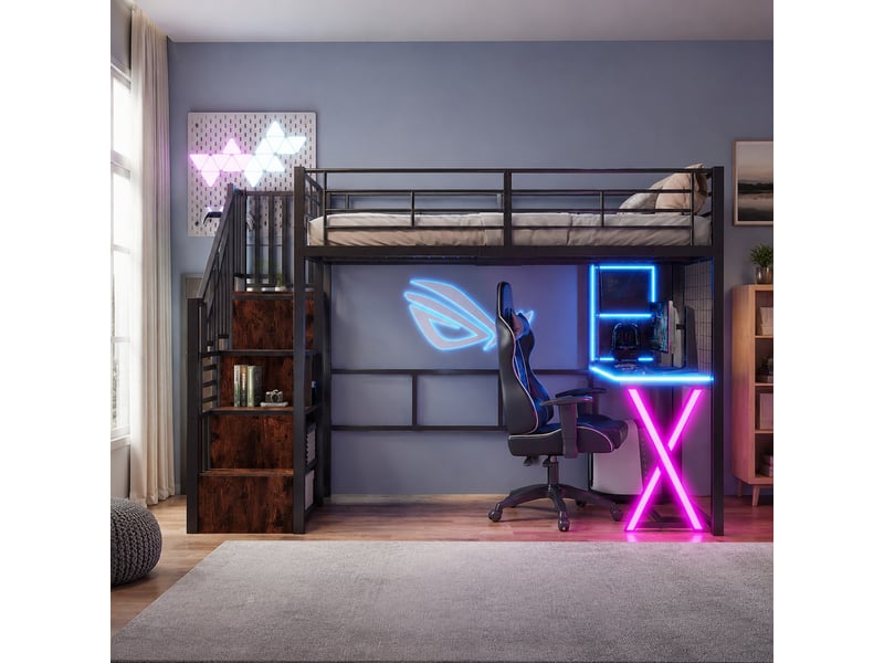  Lit mezzanine 90x200 cm avec bureau et éclairage, en métal et mdf noir  - Conforama B