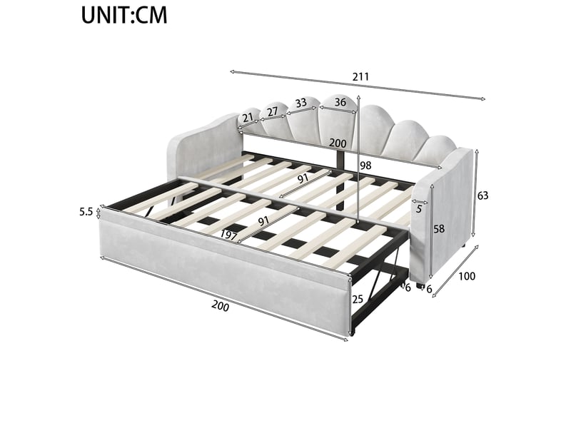  Lit gigogne 90x200 cm avec éclairage led, revêtement en velours gris  - Conforama E
