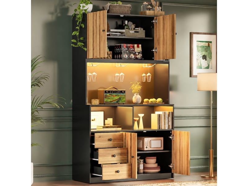  Meuble haut de cuisine avec vitrine, bar à vin, éclairage led rgb et prises usb, noir et bois naturel  - Conforama B