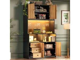 Meuble haut de cuisine avec vitrine, bar à vin, éclairage led rgb et prises usb, noir et bois naturel