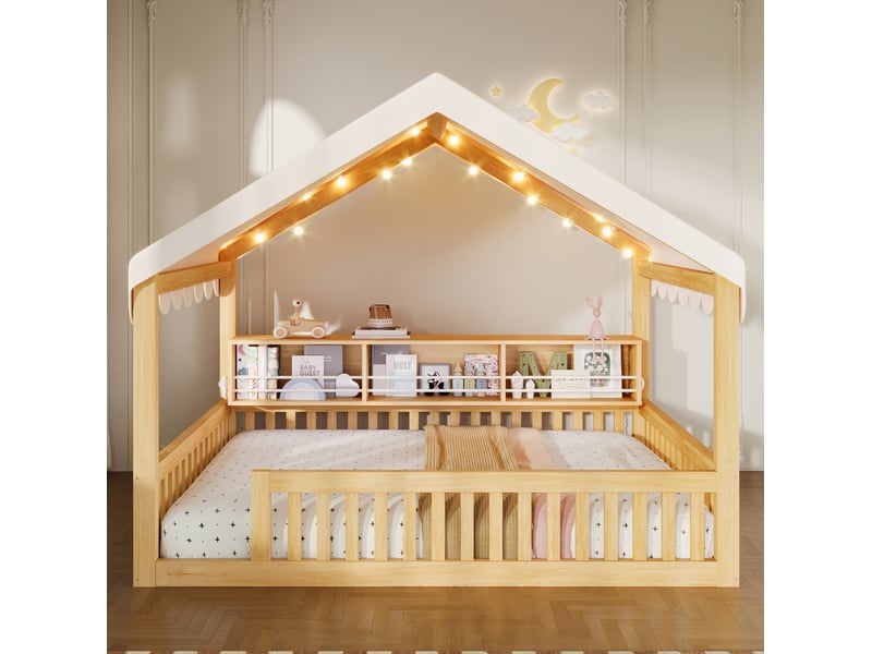  Lit cabane jeune 140x200 cm équipé d'étagère à livres, sécurité et led, bois naturel  - Conforama E
