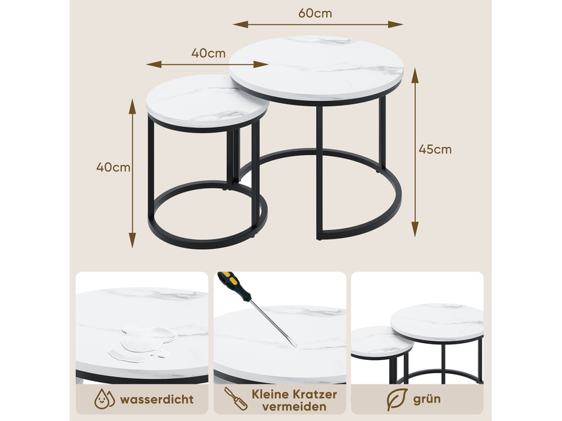  Tables basses gigognes rondes 60x45+40x40 cm, lot de 2, table de salon, grand gain de place, métal et aggloméré, blanc  - Conforama C
