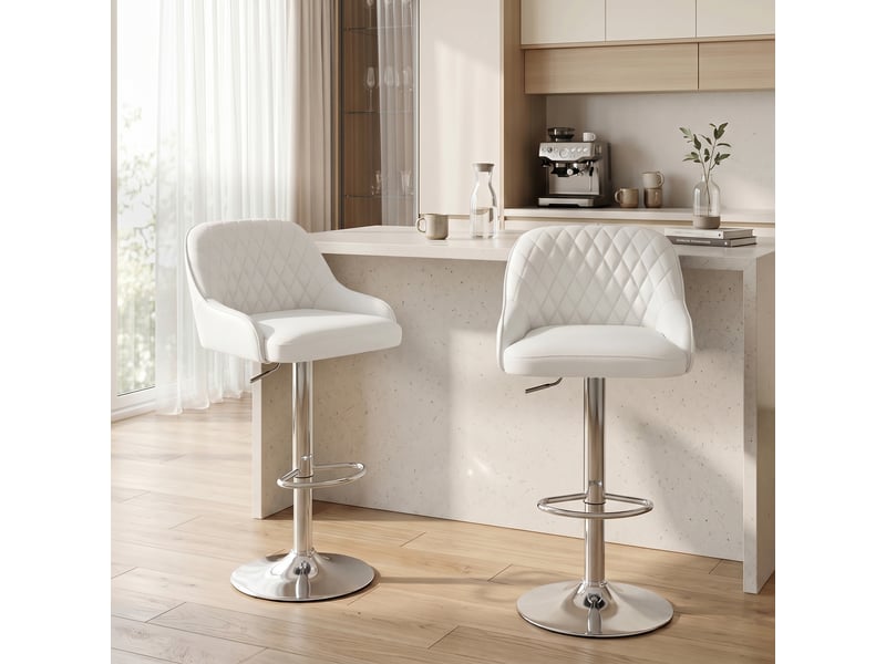  Ensemble de 2 tabourets de bar pivotants et réglables en hauteur avec dossier, similicuir, blanc  - Conforama C