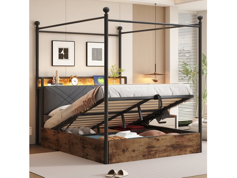 Modenvie lit à baldaquin 140x190 cm - rangement hydraulique, led, usb type-c - noir - Conforama B