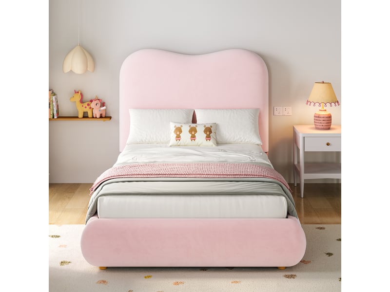  Lit coffre enfant, lit simple rembourré, 90x200 cm, coffre hydraulique, sommier à lattes, tête capitonnée, velours rose  - Conforama E