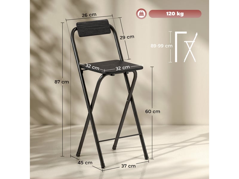  Lot de 2 tabourets de bar pliants avec repose-pieds, en bois et acier, 37 x 45 x 87 cm, noir  - Conforama E