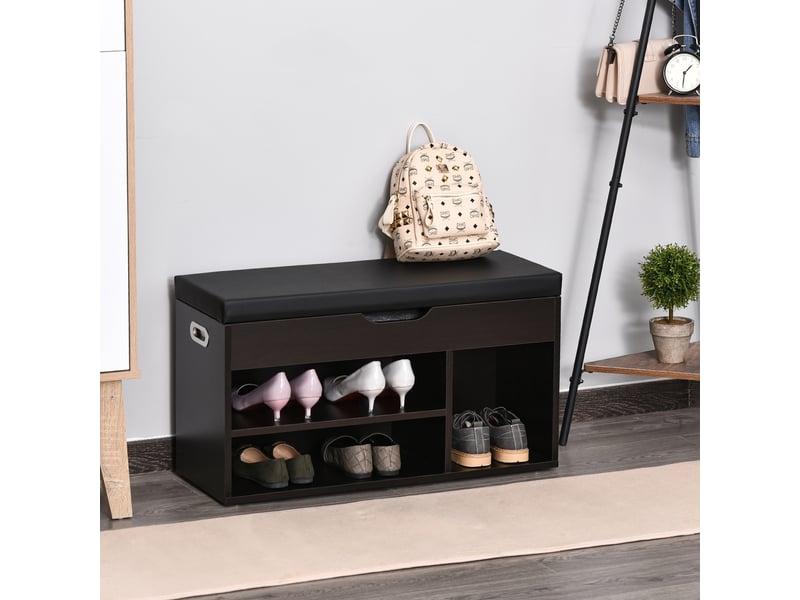 Meuble à chaussures d'entrée rembourré, gain de place, avec 3 compartiments, assise en similicuir, pour salon et couloir, 80 x 30 x 43 cm, noir  - Conforama D