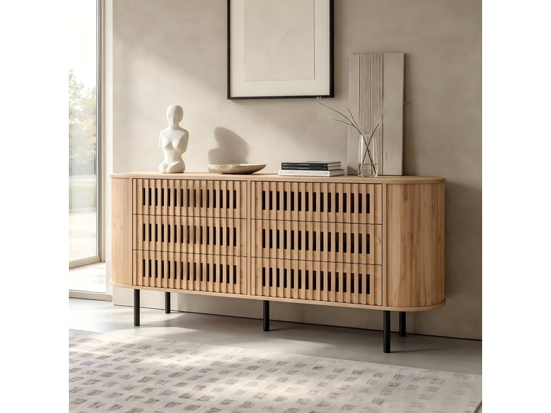  Buffet 160x40x70 cm bois naturel avec 6 tiroirs, façades rainurées et pieds métal  - Conforama B