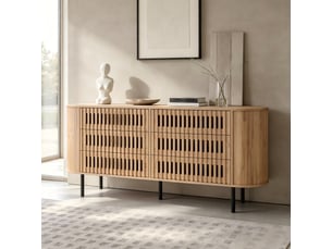 Buffet 160x40x70 cm bois naturel avec 6 tiroirs, façades rainurées et pieds métal
