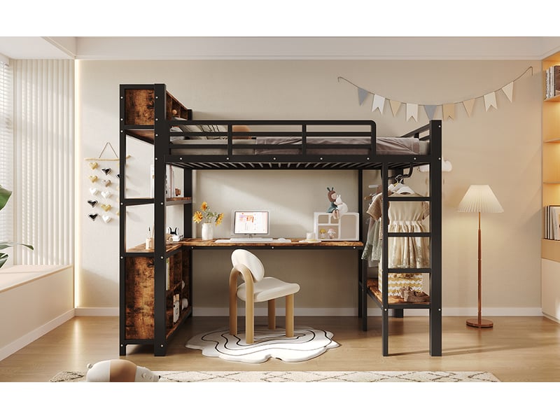  Lit mezzanine 90x200 cm noir, bureau, portant à vêtements, étagères, espaces de rangement, sans matelas  - Conforama B