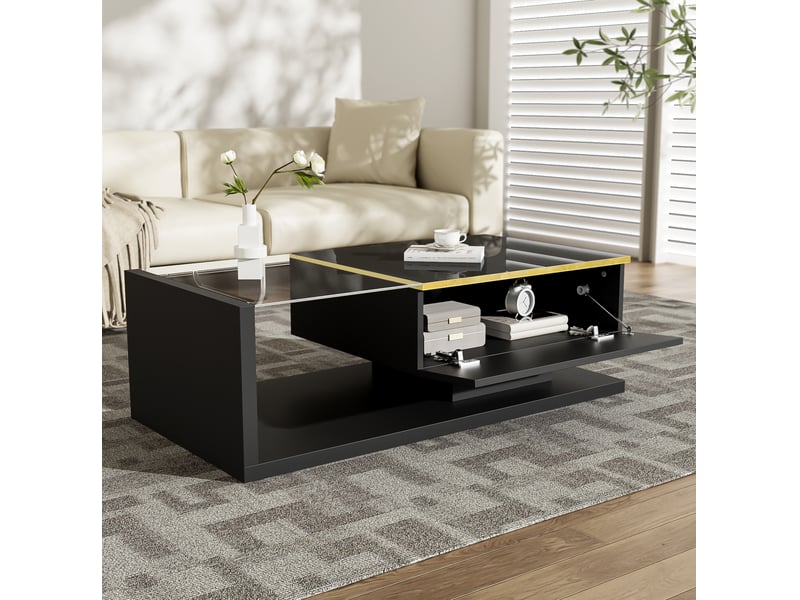  Table basse led 100x50x32,5 cm, rangement intégré, verre trempé, 16 couleurs dimmable, panneau particules, noir  - Conforama R