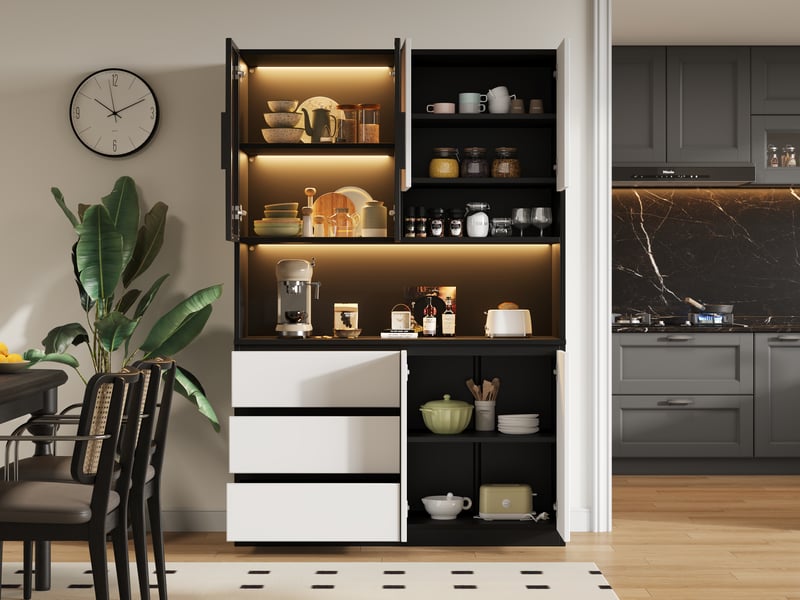  Buffet de cuisine haut, avec 6 portes, 3 tiroirs, étagères ouvertes et led réglable, blanc et noir, 120.5×40×180 cm  - Conforama C