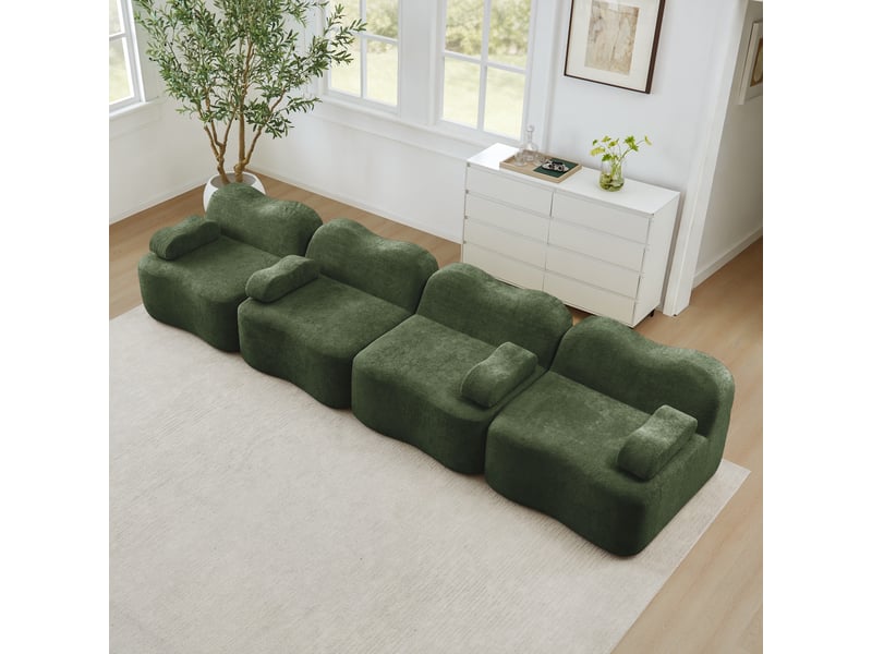  Canapé 4 places - 384x98x70 cm - canapé droit modulable velours, mousse 32d, sans structure rigide et coussins amovibles - vert  - Conforama D