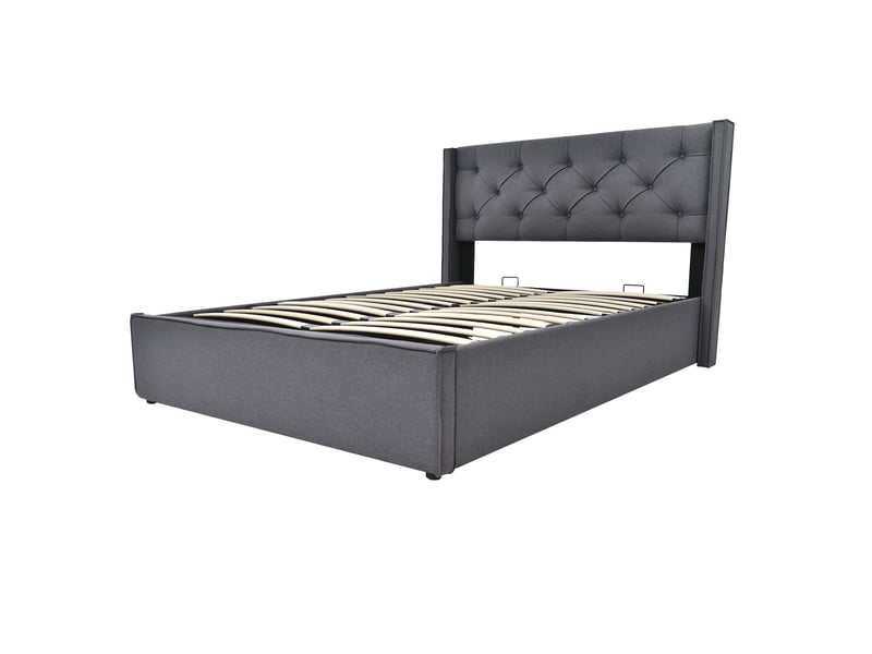  Lit coffre rembourré 140 x 200 cm en tissu coton gris, sommier à lattes, tête de lit capitonnée 830809AAG - Conforama A