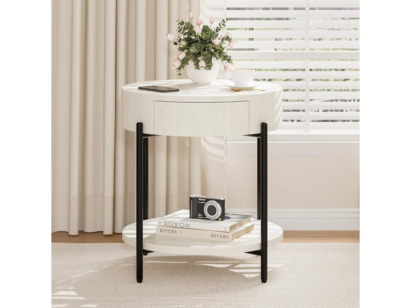  Table d'appoint ronde style ferme, tiroir rangement, bois vintage, pieds métal solides, idéale salon chambre, pratique élégante PHO_34Y6WPQM - Conforama D