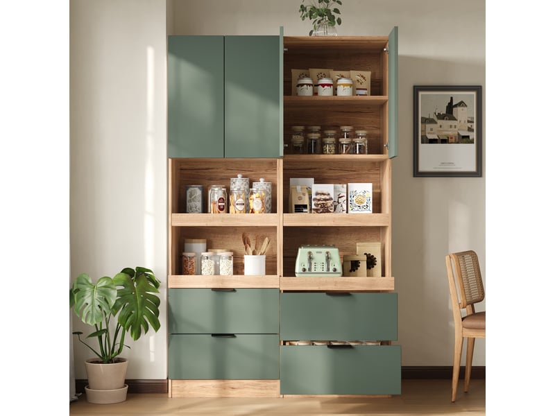  Armoire de cuisine garde-manger 59,5x45x200 cm - 2 tiroirs - plateaux coulissants - fixation antibasculement - mdf - vert  - Conforama D