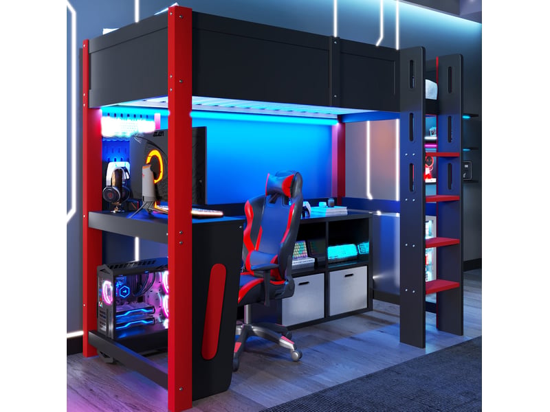  Lit mezzanine 90x200 cm en pin et mdf noir avec bureau, panneau perforé et led  - Conforama E
