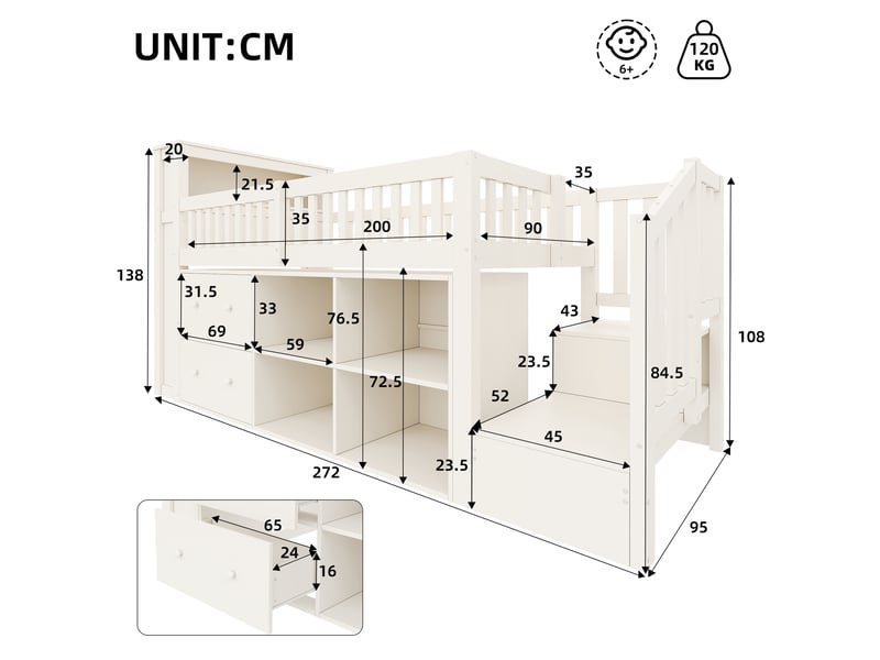  Lit mezzanine 90x200cm - lit enfant en bois avec escalier de rangement, led rgb, prises usb, 2 tiroirs &amp; étagères - blanc  - Conforama E