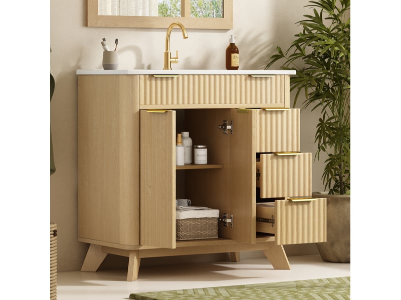  Meuble sous-vasque 81x47x90 cm, 3 tiroirs, 2 portes, décor bois naturel  - Conforama D