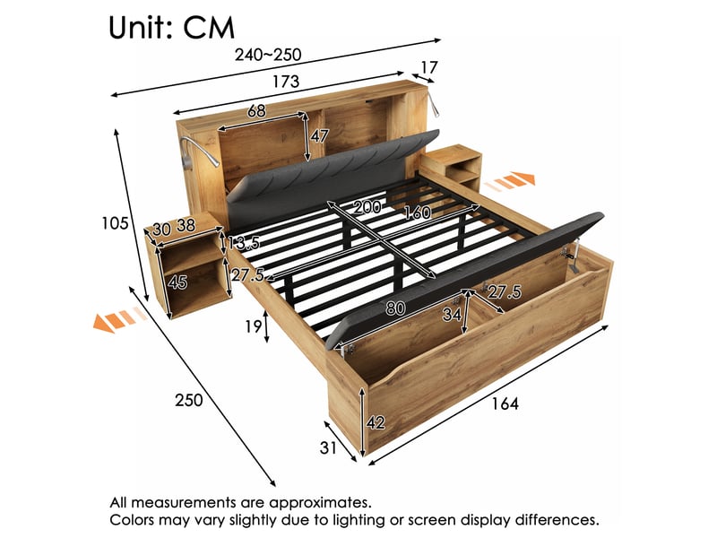 Lit avec rangement 160x200 cm avec lumières de lecture et usb cravdom - Conforama E