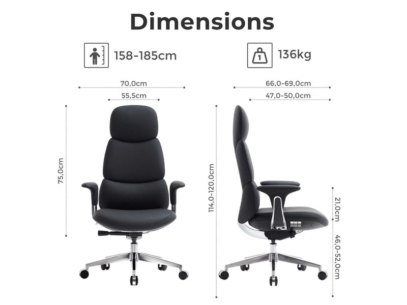  Fauteuil de bureau en cuir noir à dossier haut, inclinaison verrouillable jusqu'à 135°, charge 136 kg  - Conforama C