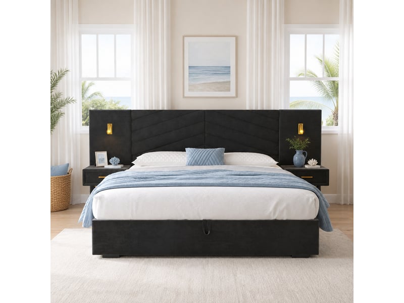  Cadre de lit avec rangement relevable noir en velours 266 x 205 x 117 cm  - Conforama B
